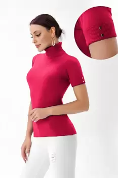 Helanca pulover cu maneca scurta, nasturei metalici si guler inalt, fucsia imagine