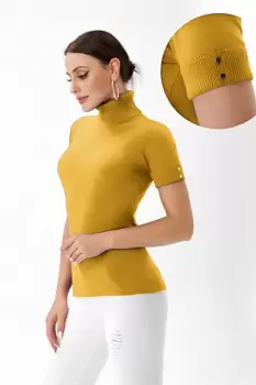 Helanca pulover cu maneca scurta, nasturei metalici si guler inalt, mustar imagine