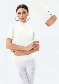 Helanca pulover cu maneca scurta, nasturei metalici si guler scurt, alba imagine