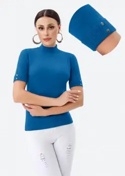 Helanca pulover cu maneca scurta, nasturei metalici si guler scurt, albastra imagine