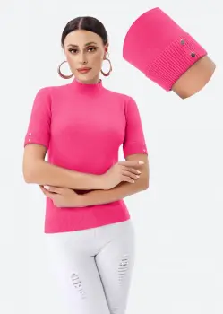 Helanca pulover cu maneca scurta, nasturei metalici si guler scurt, fucsia imagine