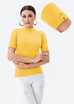 Helanca pulover cu maneca scurta, nasturei metalici si guler scurt, galbena imagine