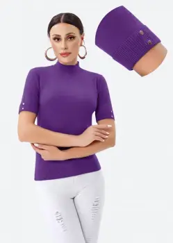 Helanca pulover cu maneca scurta, nasturei metalici si guler scurt, mov imagine