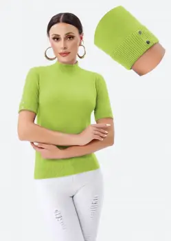 Helanca pulover cu maneca scurta, nasturei metalici si guler scurt, verde oliv imagine