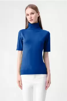 Helanca pulover cu maneca scurta si guler inalt, albastra imagine