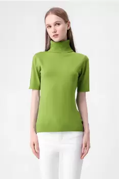 Helanca pulover cu maneca scurta si guler inalt, verde olive imagine