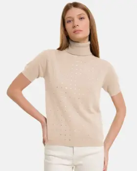 Helanca, pulover cu strasuri cu guler inalt si maneca scurta, din tricotaj fin, bej imagine