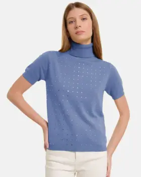 Helanca, pulover cu strasuri cu guler inalt si maneca scurta, din tricotaj fin, bleu imagine