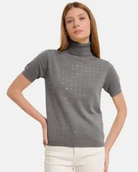 Helanca, pulover cu strasuri cu guler inalt si maneca scurta, din tricotaj fin, gri imagine