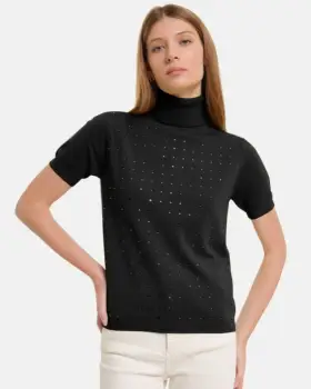 Helanca, pulover cu strasuri cu guler inalt si maneca scurta, din tricotaj fin, negru imagine