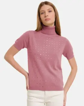 Helanca, pulover cu strasuri cu guler inalt si maneca scurta, din tricotaj fin, roz inchis imagine