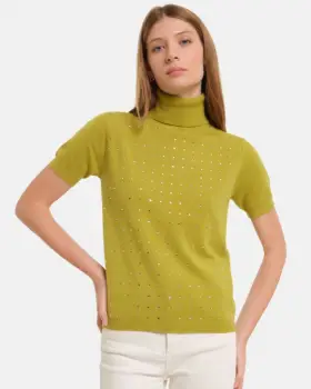 Helanca, pulover cu strasuri cu guler inalt si maneca scurta, din tricotaj fin, verde imagine