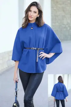 Jacheta trendy stil poncho cu curea, din stofa albastra imagine