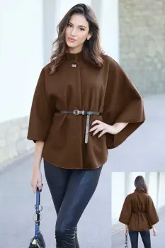 Jacheta trendy stil poncho cu curea, din stofa maro ciocolata imagine