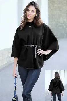 Jacheta trendy stil poncho cu curea, din stofa neagra imagine