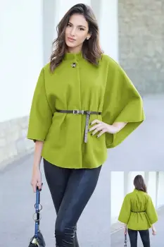 Jacheta trendy stil poncho cu curea, din stofa verde oliv imagine