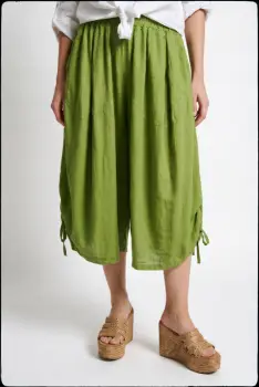 Pantaloni 3 4 marimi mari din in si vascoza cu croi balon, verde olive imagine
