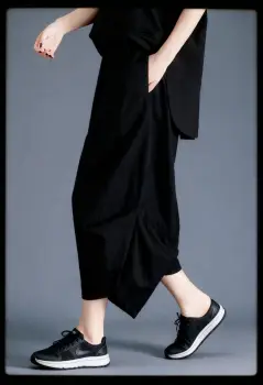 Pantaloni balon cu drapaj lateral, stil japonez, negri imagine