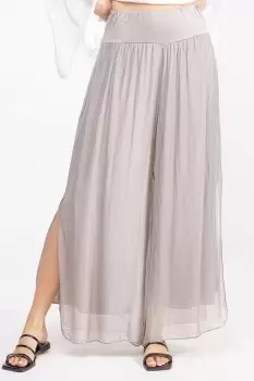 Pantaloni bej din matase naturala cu crapaturi laterale imagine