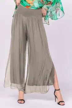 Pantaloni bej inchis din matase naturala cu crapaturi laterale imagine