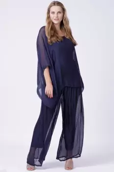 Pantaloni bleumarin, drepti, cu dublura, din matase naturala imagine