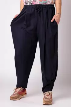 Pantaloni bleumarin, masura mare, din tencel, cu siret imagine