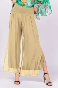 Pantaloni camel deschis din matase naturala cu crapaturi laterale imagine