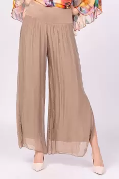 Pantaloni camel din matase naturala cu crapaturi laterale imagine