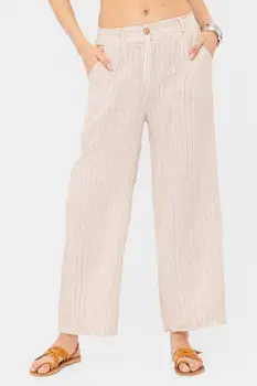 Pantaloni cu fermoar, de vara, din in, cu dungute fine, bej imagine