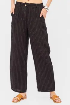 Pantaloni cu fermoar, de vara, din in, cu dungute fine, negri imagine