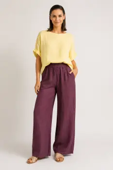 Pantaloni dama din in cu croi palazzo si talie elastica, mov pruna imagine