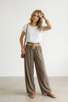 Pantaloni dama lejeri din tencel, cu talie elastica si curea, bej inchis imagine