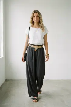 Pantaloni dama lejeri din tencel, cu talie elastica si curea, gri inchis imagine