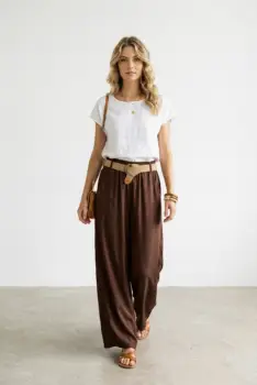 Pantaloni dama lejeri din tencel, cu talie elastica si curea, maro imagine