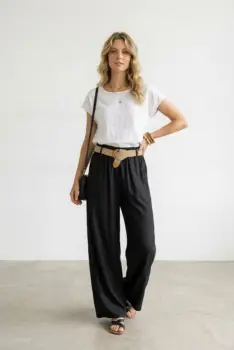 Pantaloni dama lejeri din tencel, cu talie elastica si curea, negri imagine