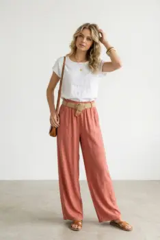 Pantaloni dama lejeri din tencel, cu talie elastica si curea, roz inchis imagine