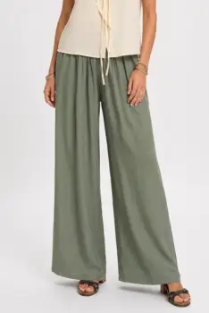 Pantaloni dama palazzo din vascoza cu talie elastica si curea, kaki imagine