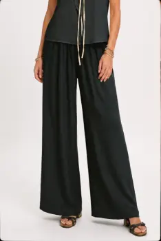 Pantaloni dama palazzo din vascoza cu talie elastica si curea, negri imagine