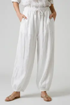 Pantaloni de vara, din in, croi balon, cu elastic la glezna, siret in talie, albi imagine