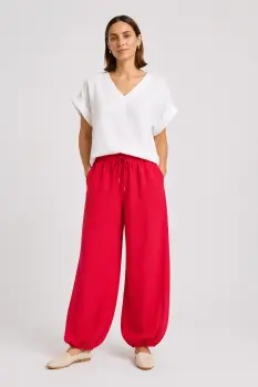 Pantaloni de vara, din in, croi balon, cu elastic la glezna, siret in talie, rosii imagine