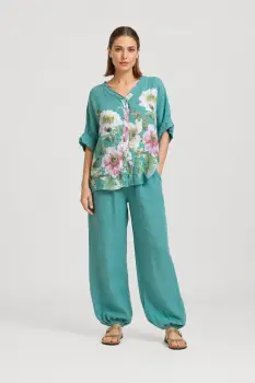 Pantaloni de vara, din in, croi balon, cu elastic la glezna, siret in talie, turcoaz deschis imagine