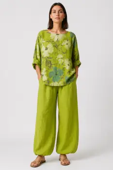 Pantaloni de vara, din in, croi balon, cu elastic la glezna, siret in talie, verde deschis imagine
