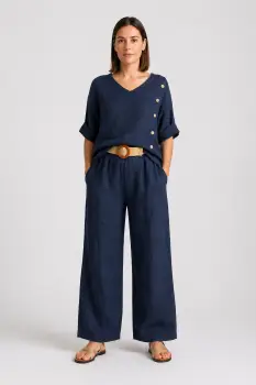 Pantaloni de vara din in, croi palazzo, cu curea in talie, bleumarin imagine