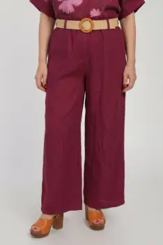Pantaloni de vara din in, croi palazzo, cu curea in talie, bordo imagine