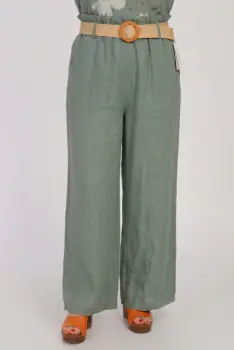 Pantaloni de vara din in, croi palazzo, cu curea in talie, kaki imagine