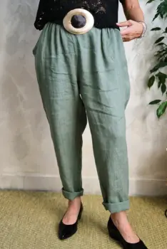 Pantaloni de vara din in, croi pana, cu siret in talie, kaki imagine