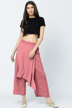 Pantaloni de vara din in, cu aplicatii pe fata si spate, roz inchis imagine