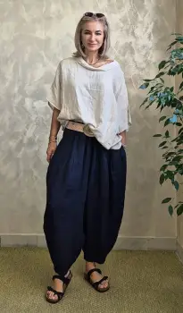 Pantaloni de vara din in cu croi balon oversized si talie elastica, bleumarin imagine