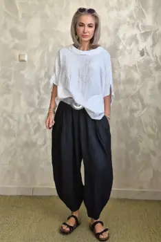 Pantaloni de vara din in cu croi balon oversized si talie elastica, negri imagine