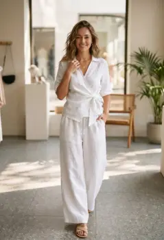 Pantaloni de vara din in, cu croi palazzo si talie elastica, albi imagine